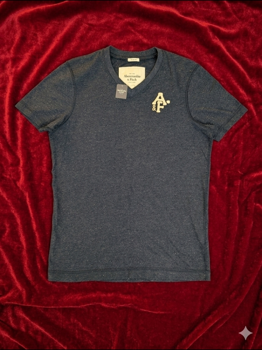 Vintage Abercrombie & Fitch Men's Navy Heather Logo V Neck T-Shirt Muscle Fit